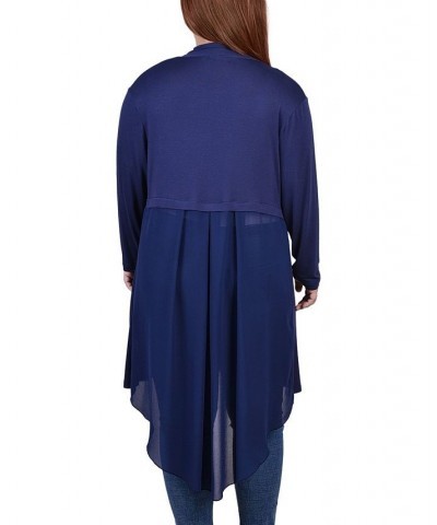 Plus Size Long Sleeve Knit Cardigan with Chiffon Back Blue $18.48 Sweaters