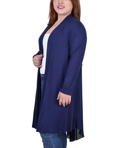 Plus Size Long Sleeve Knit Cardigan with Chiffon Back Blue $18.48 Sweaters