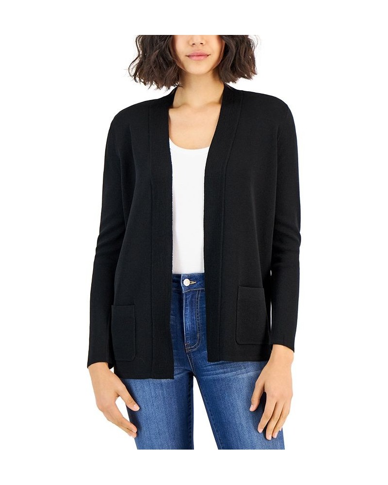 Women's Open Front Cardigan with Ribbed Placket and Patch Pockets Black $29.57 Sweaters