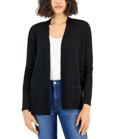 Women's Open Front Cardigan with Ribbed Placket and Patch Pockets Black $29.57 Sweaters