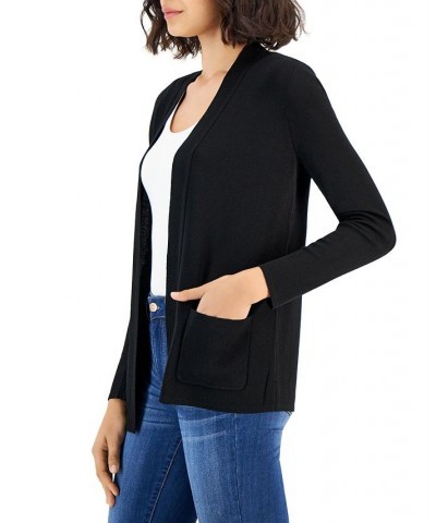 Women's Open Front Cardigan with Ribbed Placket and Patch Pockets Black $29.57 Sweaters