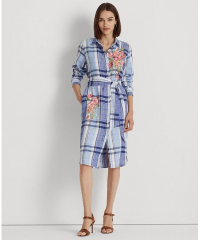 Women's Floral & Plaid Linen Shirtdress Regular & Petite Blue/white $58.50 Dresses