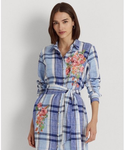 Women's Floral & Plaid Linen Shirtdress Regular & Petite Blue/white $58.50 Dresses