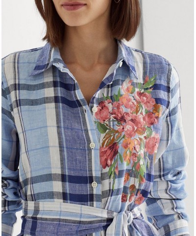 Women's Floral & Plaid Linen Shirtdress Regular & Petite Blue/white $58.50 Dresses