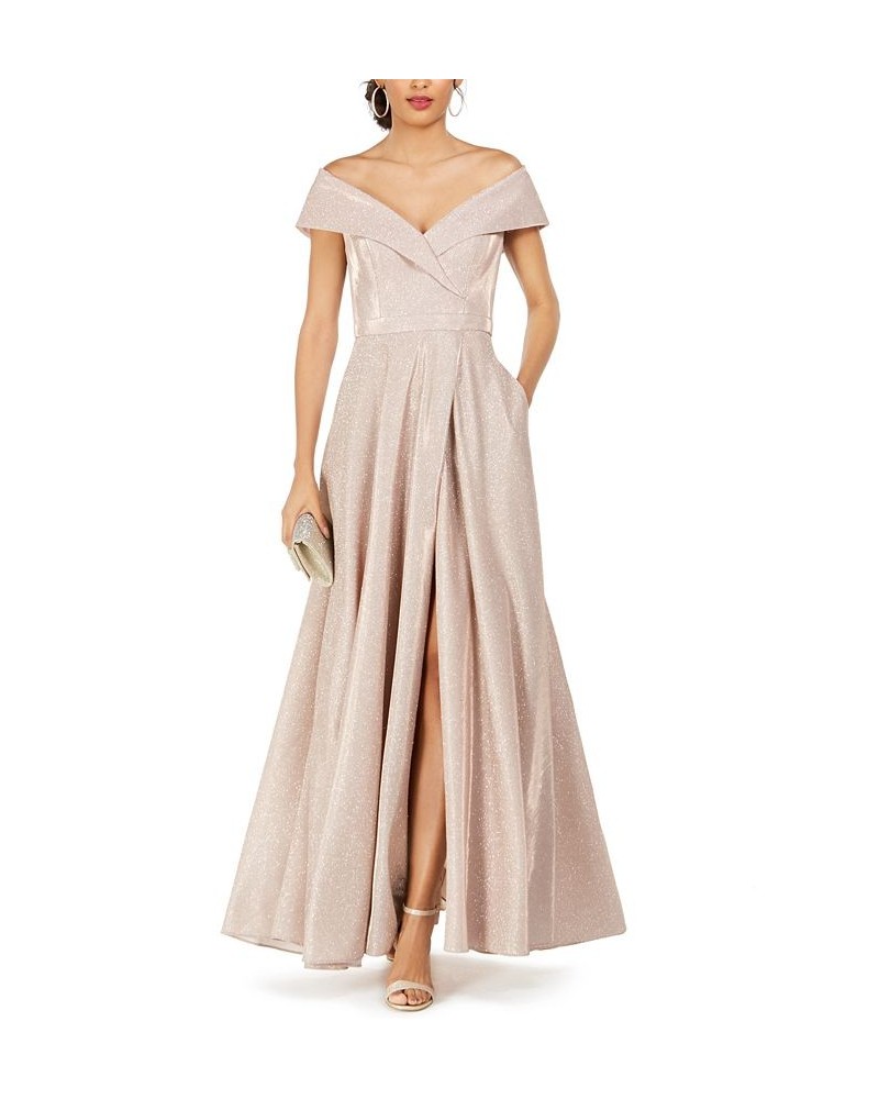 Women's Off-The-Shoulder Shimmer Wrap Style Gown Pink $118.40 Dresses