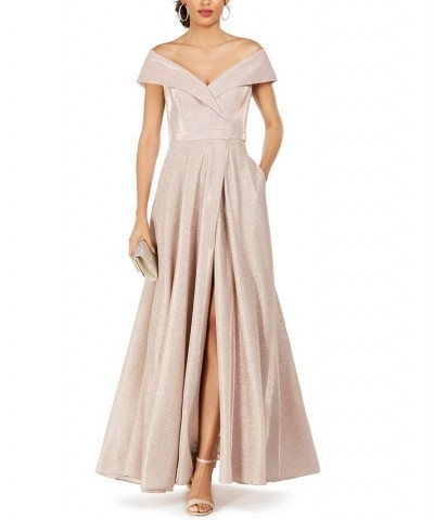 Women's Off-The-Shoulder Shimmer Wrap Style Gown Pink $118.40 Dresses