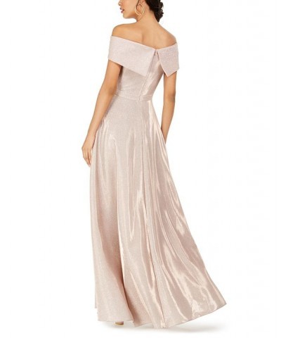 Women's Off-The-Shoulder Shimmer Wrap Style Gown Pink $118.40 Dresses