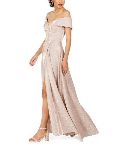 Women's Off-The-Shoulder Shimmer Wrap Style Gown Pink $118.40 Dresses