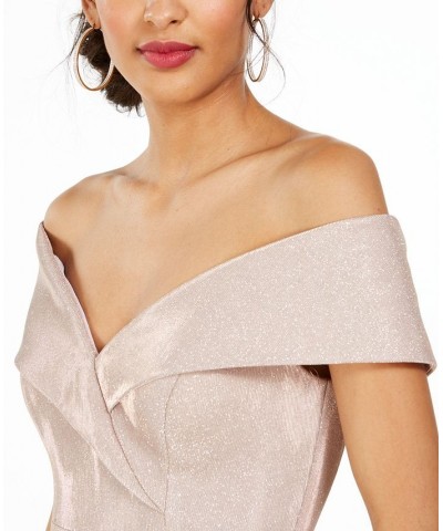 Women's Off-The-Shoulder Shimmer Wrap Style Gown Pink $118.40 Dresses