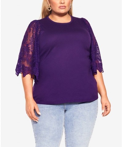 Trendy Plus Size Embroidered Sheer Sleeve Angel Top Purple $35.19 Tops