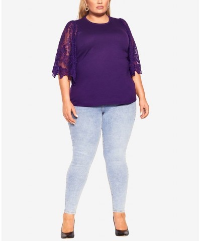 Trendy Plus Size Embroidered Sheer Sleeve Angel Top Purple $35.19 Tops