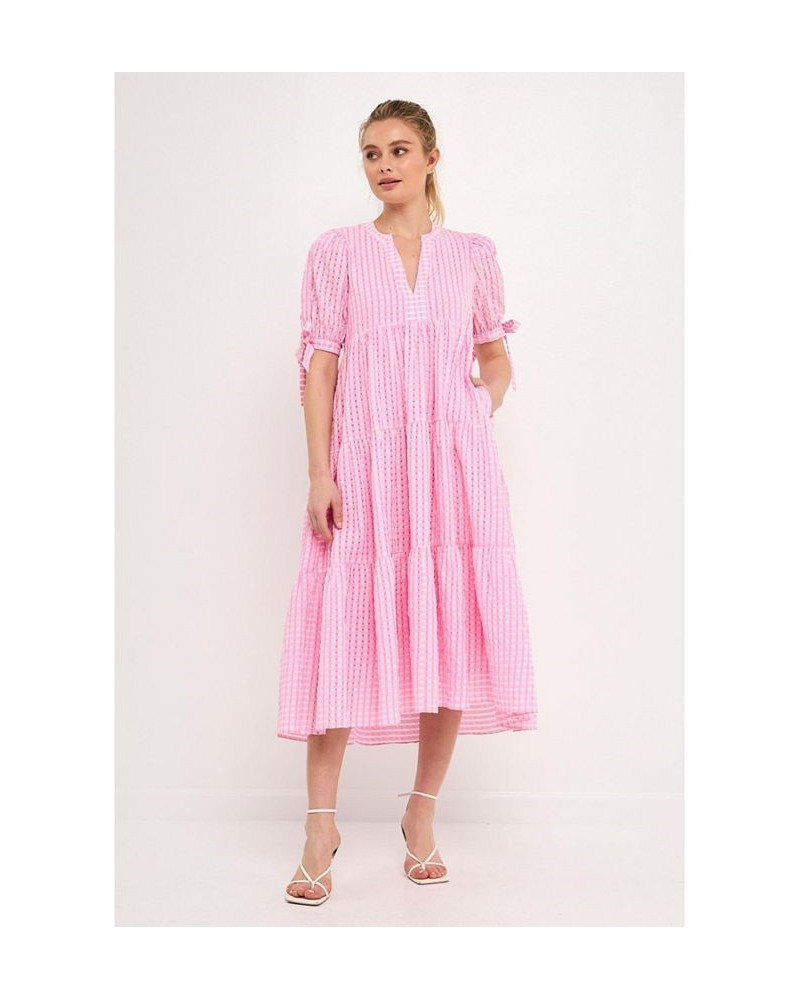 Women's Gingham Tiered Midi Dress with Bow Tie Sleeves Pink $49.00 Dresses