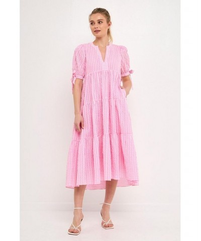 Women's Gingham Tiered Midi Dress with Bow Tie Sleeves Pink $49.00 Dresses