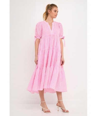 Women's Gingham Tiered Midi Dress with Bow Tie Sleeves Pink $49.00 Dresses