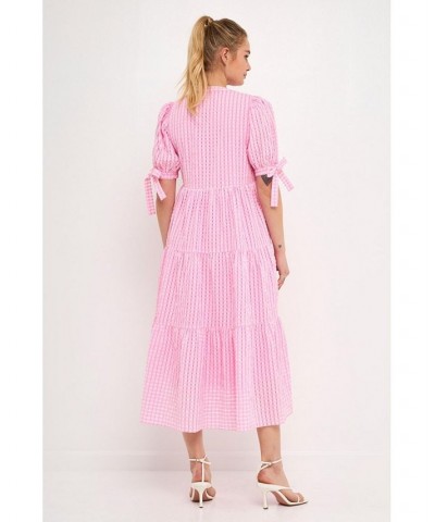 Women's Gingham Tiered Midi Dress with Bow Tie Sleeves Pink $49.00 Dresses