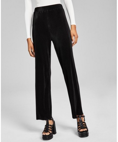 Women's Straight-Leg Plissé Pull-On Pants Black $18.29 Pants