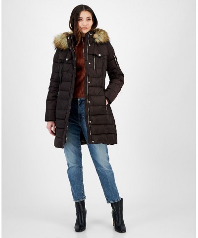 Women's Petite Faux-Fur-Trim Hooded Puffer Coat Brown $86.10 Coats