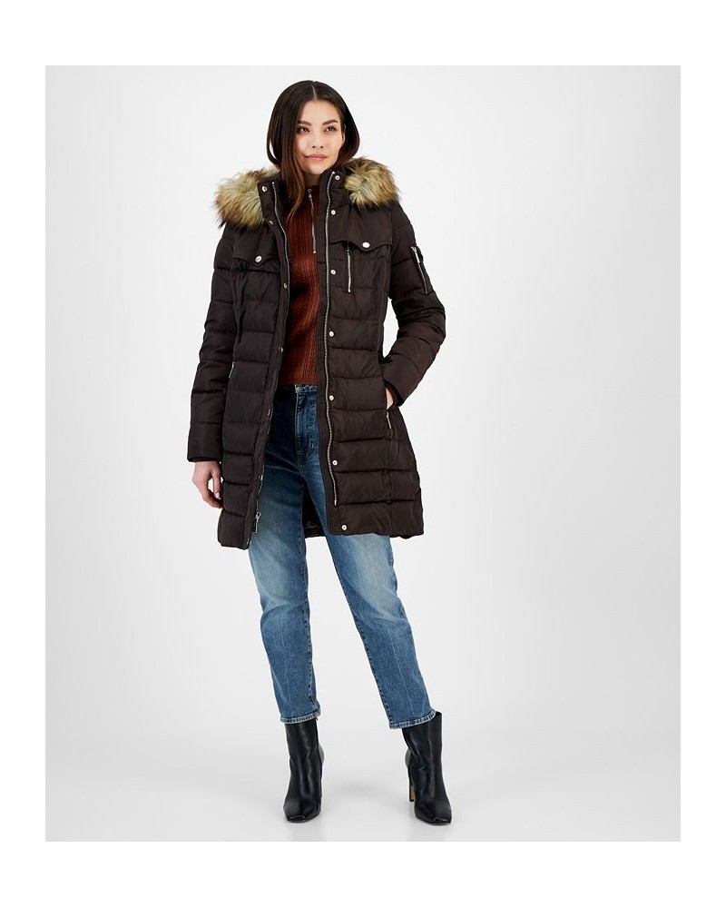 Women's Petite Faux-Fur-Trim Hooded Puffer Coat Brown $86.10 Coats