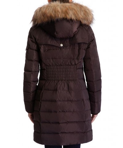 Women's Petite Faux-Fur-Trim Hooded Puffer Coat Brown $86.10 Coats