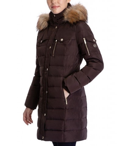 Women's Petite Faux-Fur-Trim Hooded Puffer Coat Brown $86.10 Coats