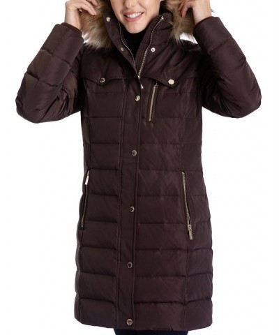 Women's Petite Faux-Fur-Trim Hooded Puffer Coat Brown $86.10 Coats