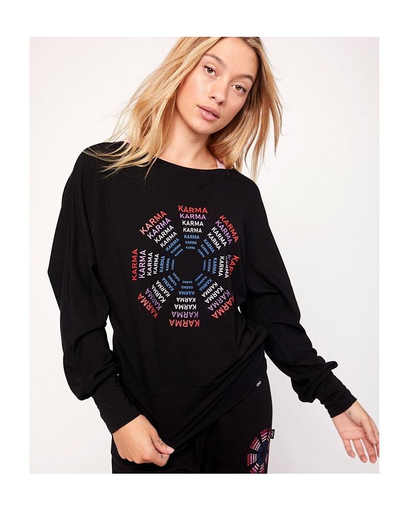 Karma Graphic Viscose Blend Long Sleeve Top for Women Black $35.88 Tops