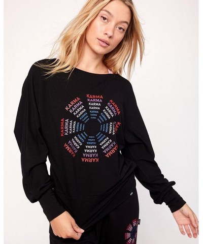 Karma Graphic Viscose Blend Long Sleeve Top for Women Black $35.88 Tops