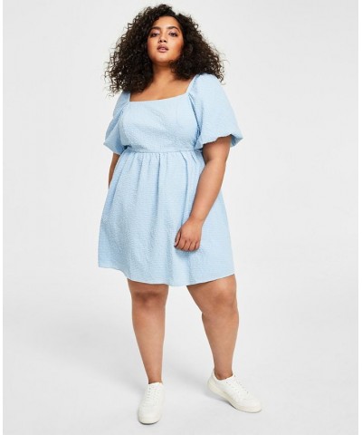 Trendy Plus Size Seersucker Puff-Sleeve Dress Blue $31.74 Dresses