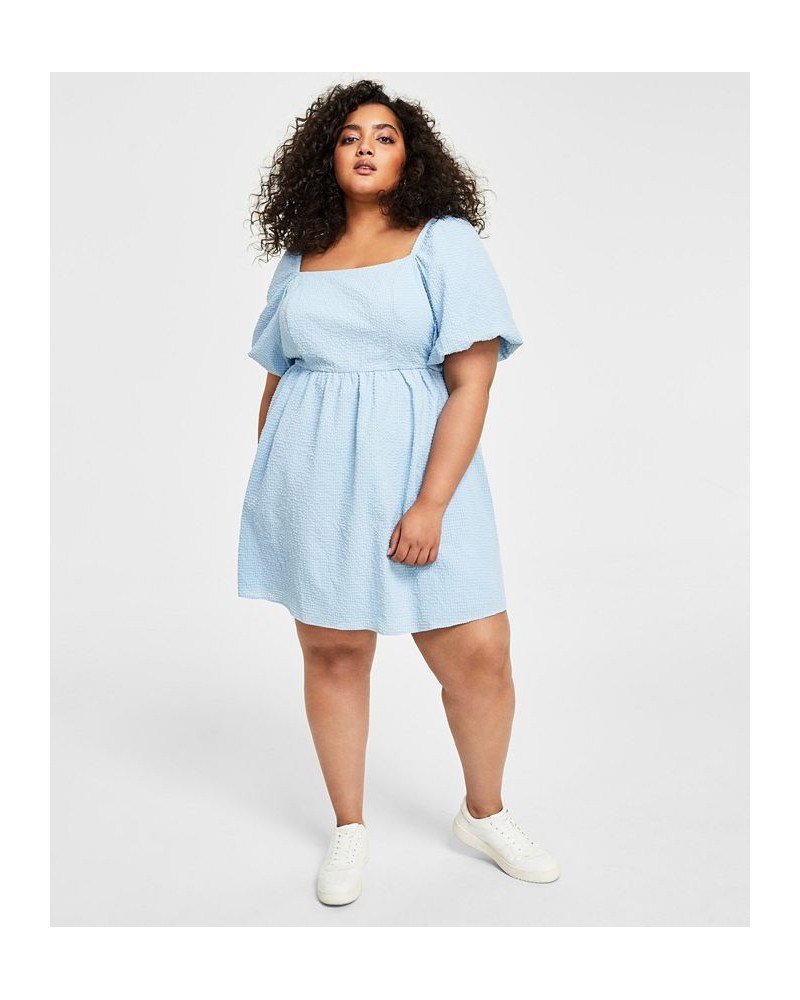 Trendy Plus Size Seersucker Puff-Sleeve Dress Blue $31.74 Dresses