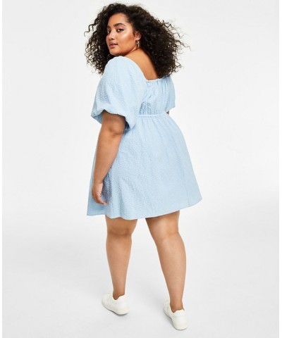 Trendy Plus Size Seersucker Puff-Sleeve Dress Blue $31.74 Dresses