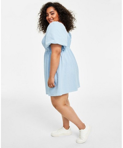 Trendy Plus Size Seersucker Puff-Sleeve Dress Blue $31.74 Dresses