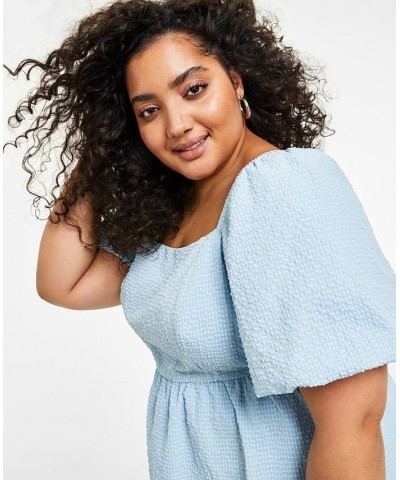 Trendy Plus Size Seersucker Puff-Sleeve Dress Blue $31.74 Dresses