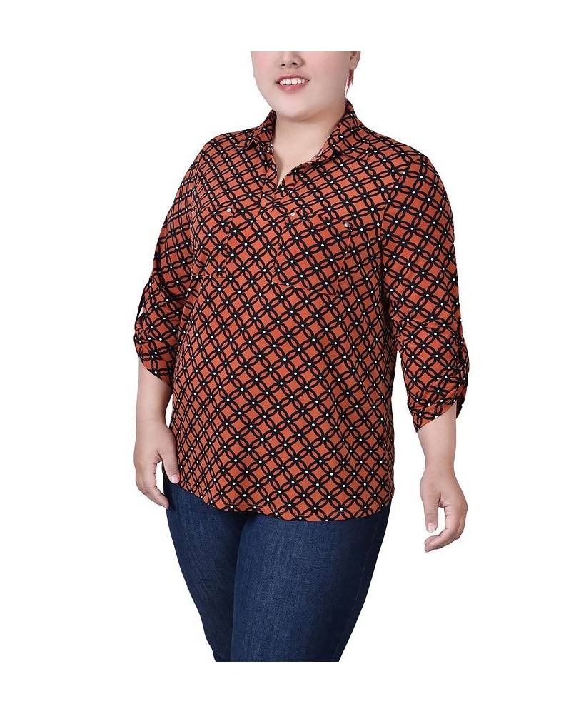 Plus Size 3/4 Ruched Sleeve Studded Top Spice Route Black Iconic $12.85 Tops