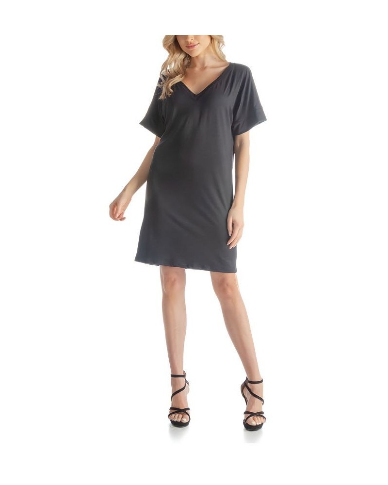 Women's Loose Fit V-neck Above the Knee Dress Black $39.04 Dresses