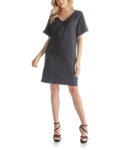 Women's Loose Fit V-neck Above the Knee Dress Black $39.04 Dresses