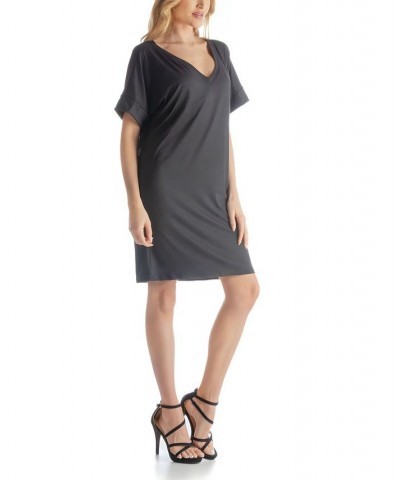 Women's Loose Fit V-neck Above the Knee Dress Black $39.04 Dresses