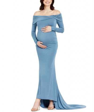 Off-The-Shoulder Maternity Photoshoot Gown Blue $35.51 Dresses