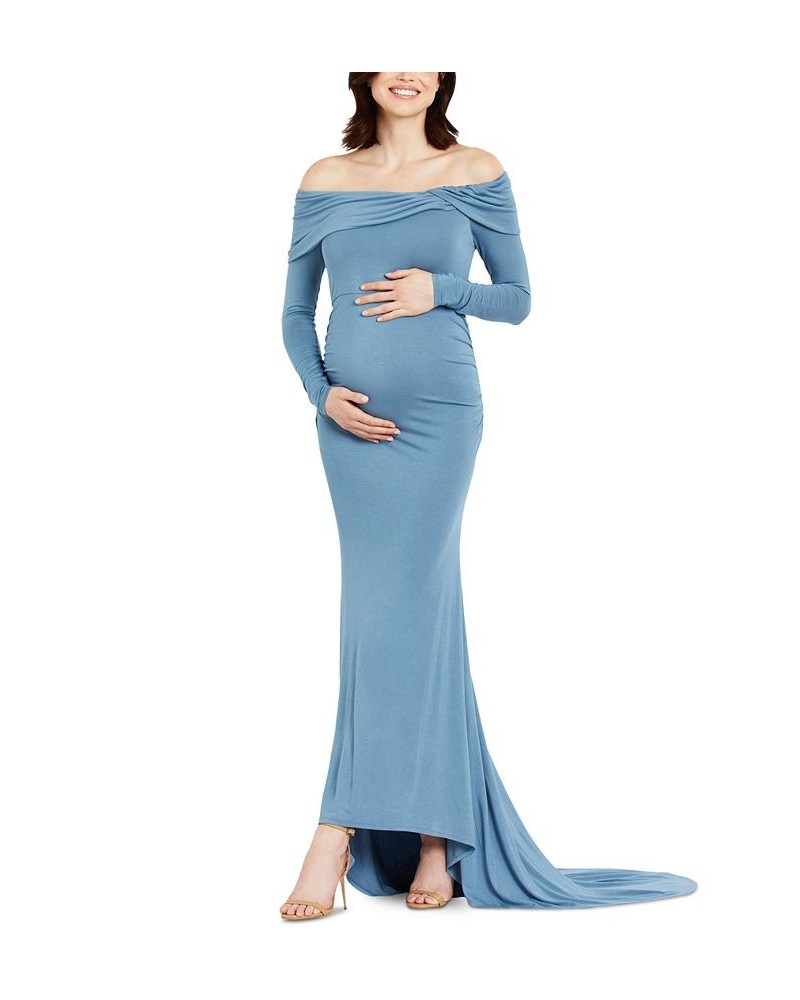 Off-The-Shoulder Maternity Photoshoot Gown Blue $35.51 Dresses