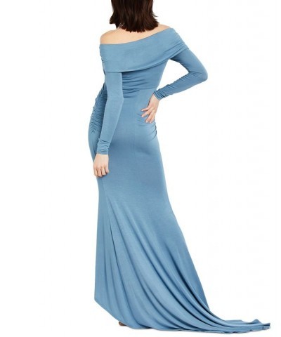 Off-The-Shoulder Maternity Photoshoot Gown Blue $35.51 Dresses