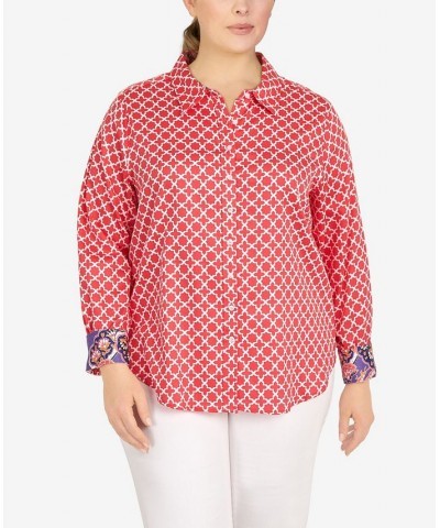 Plus Size Wrinkle Resistant Printed Button Down Geranium Multi $37.44 Tops