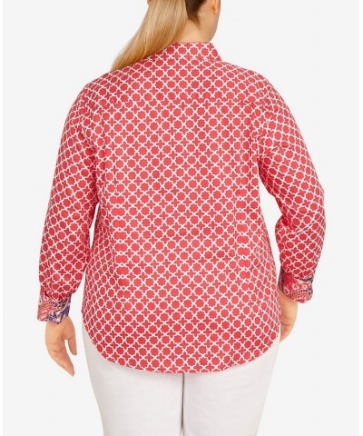 Plus Size Wrinkle Resistant Printed Button Down Geranium Multi $37.44 Tops