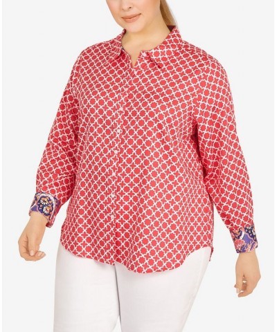 Plus Size Wrinkle Resistant Printed Button Down Geranium Multi $37.44 Tops