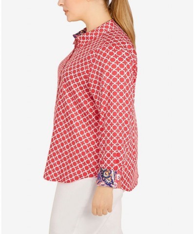 Plus Size Wrinkle Resistant Printed Button Down Geranium Multi $37.44 Tops