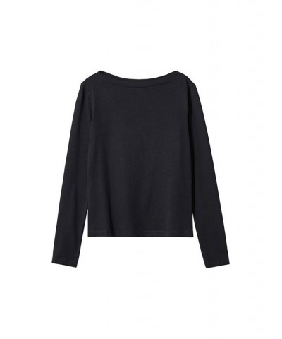 Women's Cotton Boat Neck T-shirt Black $17.09 Tops