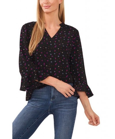 Women's Floral-Print Ruffled 3/4-Sleeve Blouse Black $28.78 Tops