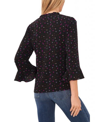 Women's Floral-Print Ruffled 3/4-Sleeve Blouse Black $28.78 Tops