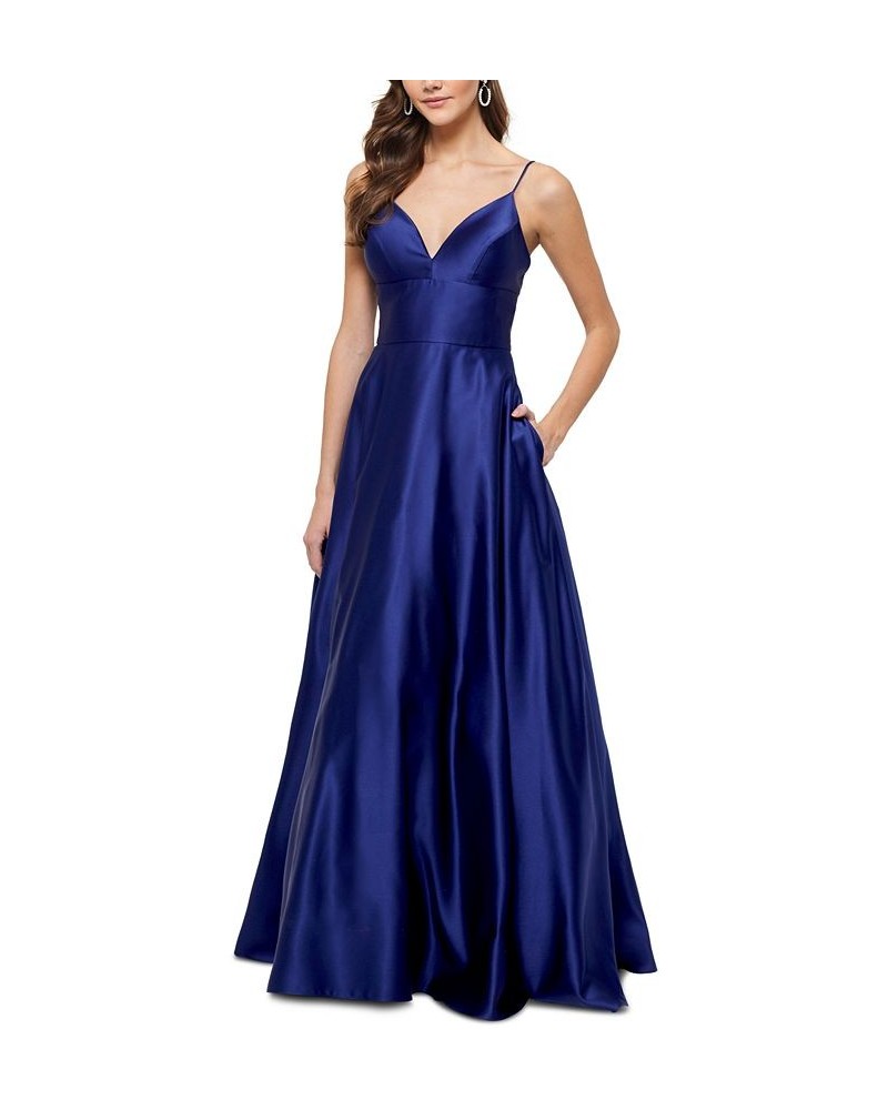 Satin V-Neck Ball Gown Blue $70.08 Dresses