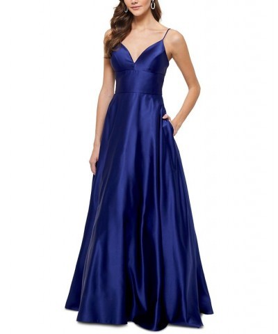 Satin V-Neck Ball Gown Blue $70.08 Dresses