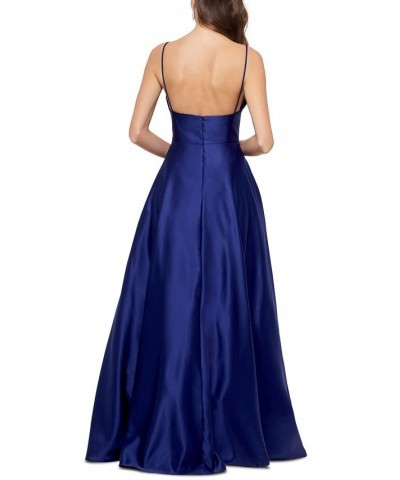 Satin V-Neck Ball Gown Blue $70.08 Dresses