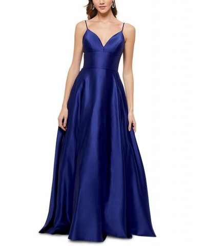 Satin V-Neck Ball Gown Blue $70.08 Dresses